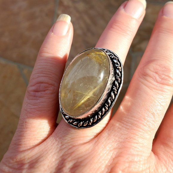 New Huge Golden Rutile Quartz 925 Silver Statement Ring. - Picture 3 of 16